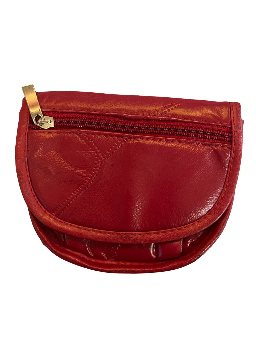 Vintage Hot Red Mini Patchwork Leather Zip Pouch Round Purse/Fanny Pack